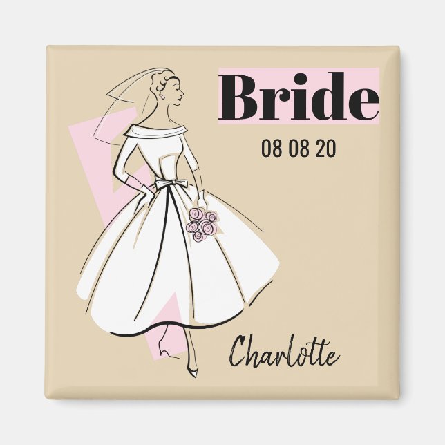 Mode Brud Rosa Brud Datum Namn beige fyrkant Magnet (Framsidan)