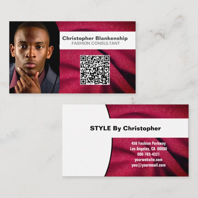 Mode Burgundy Fabric Anpassningsbar Photo QR-kod Visitkort (Fram/baksida)
