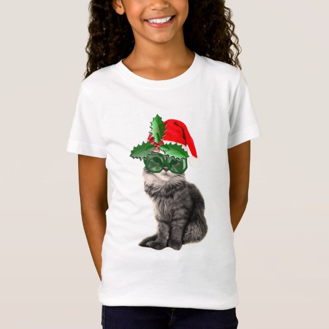 Mode Cat som står med Jultomten hat T Shirt (Framsida)