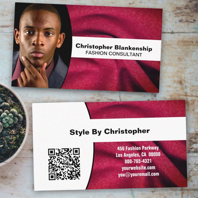 Mode Consultant Burgundy Fabric Photo QR-kod Visitkort (front and back custom photo business card)