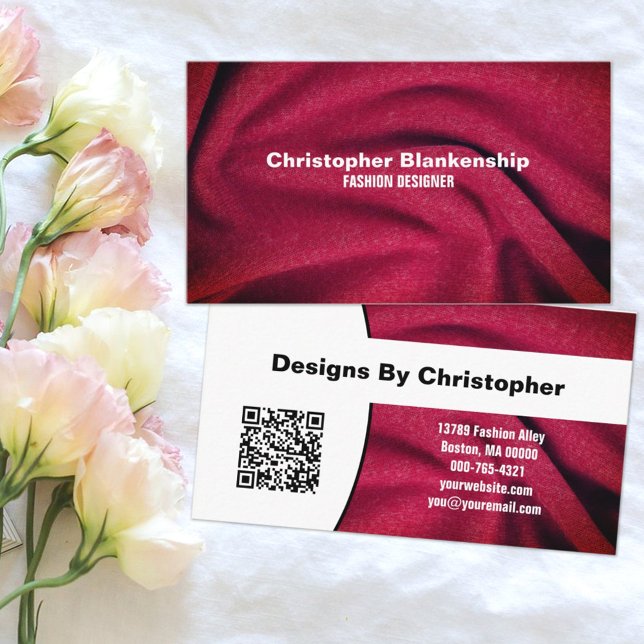 Mode Designer Burgundy Fabric Struktur QR-kod Visitkort (This doubl- sided design is generic enough to work for most small busineses. )