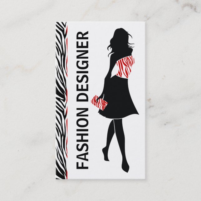 Mode designer-flicka svart röd vit zebra tryck visitkort (Framsida)