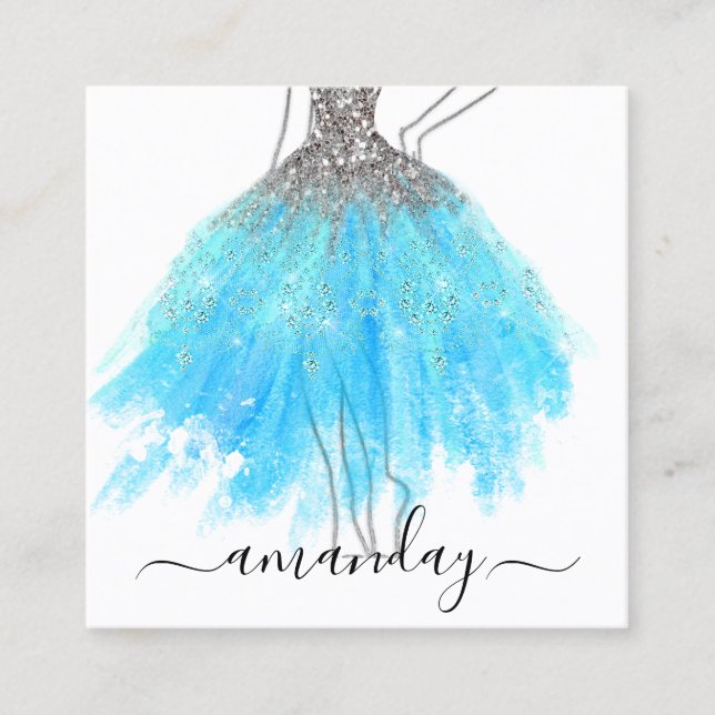Mode Designer Glitter Dress Logotyp QR Grått Blue Fyrkantigt Visitkort (Framsida)
