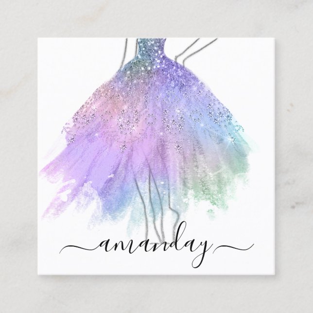 Mode Designer Glitter Dress Logotyp QR Silver Rosa Fyrkantigt Visitkort (Framsida)