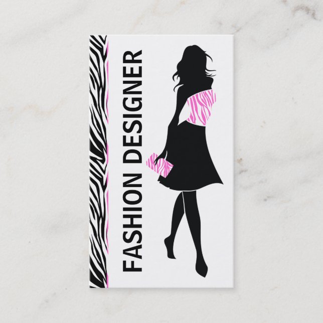 Mode-designerflicka svart vitt rosa zebra tryck visitkort (Framsida)
