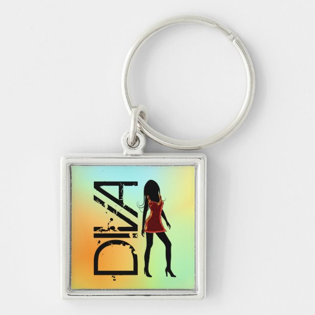 Mode Diva i Red Dress Premium Square Keychain Fyrkantig Silverfärgad Nyckelring (Framsidan)