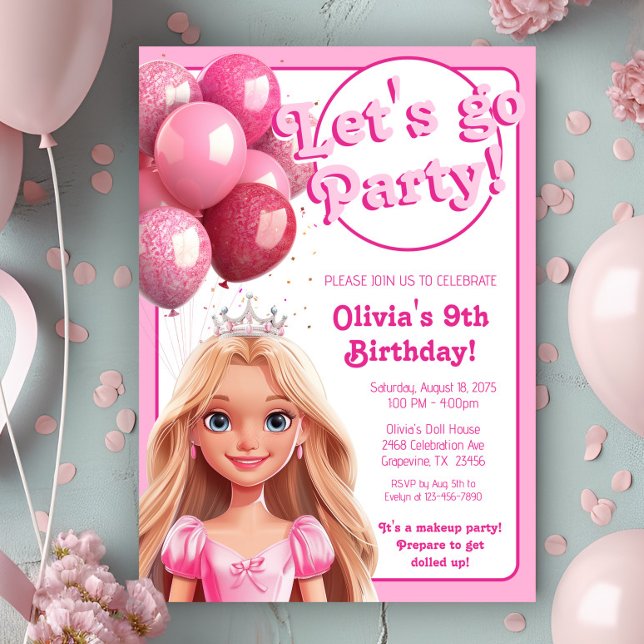 Mode Docka Prinsessa Födelsedagsfest Inbjudningar (Cute pink princess doll any number birthday party invitation. )