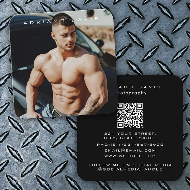 Mode Fotografi - modern Fullt - QR-kod Fyrkantigt Visitkort (Fashion Photography Modern Full Photo QR Code Square Business Card)