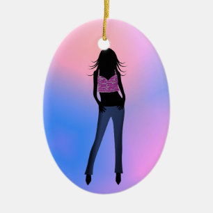 Mode Girl in Blue Jeans Standard Oval Ornament