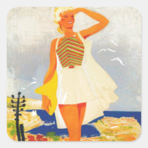 Mode Girl Monte Carlo Beach Travel Fyrkantigt Klistermärke