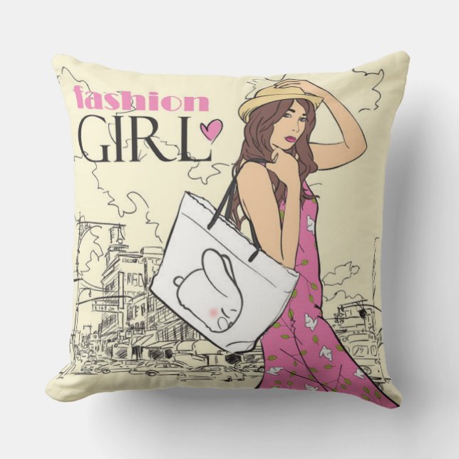 Mode Girl with Bag Dekorativ kudde (Framsida)