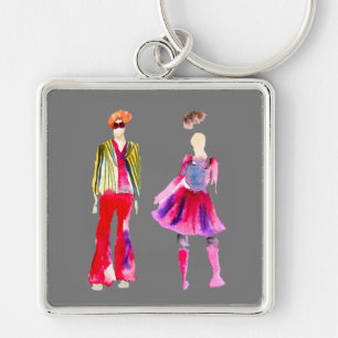 Mode illustration figurer art vattenfärg fyrkantig silverfärgad nyckelring