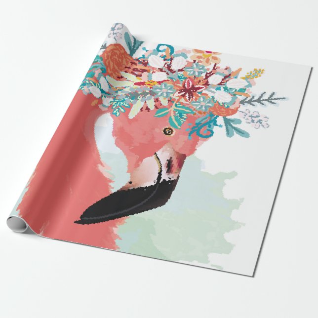 Mode illustration med ritad rosa flamingoflami presentpapper (Utrullad)