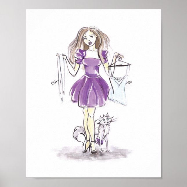 Mode Illustration Shopping Girl Cat Watercolor Poster (Framsidan)