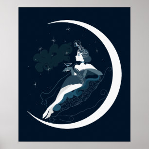 Mode illustrationskonst deco kvinna med måne poster