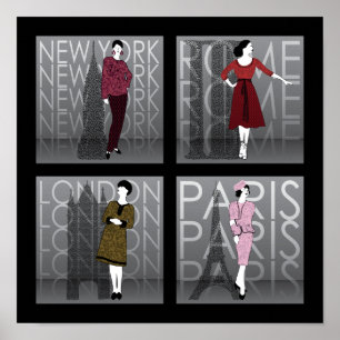 Mode London, New York, Paris och Rom Poster
