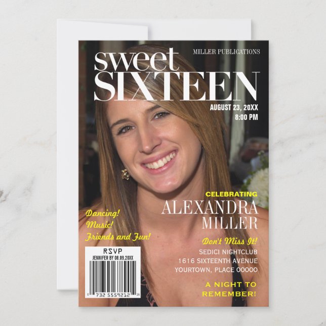 Mode Magazine Gult Sweet sixteen Party Inbjudningar (Framsida)