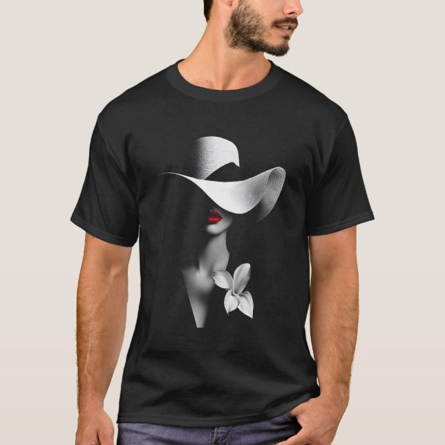 Mode Modell Hatt Stor Kant Solhatt Röda Läppar Blo T Shirt (Framsida)