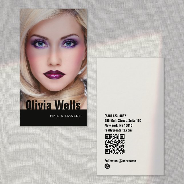 Mode-modellfotosvart QR-kod Visitkort (Vertical Photocards with QR code and instagram social media icon on backside)