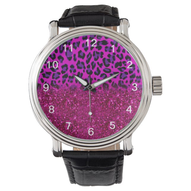 Mode Modern Rosa Lila Glitter Leopard Armbandsur (Framsida)