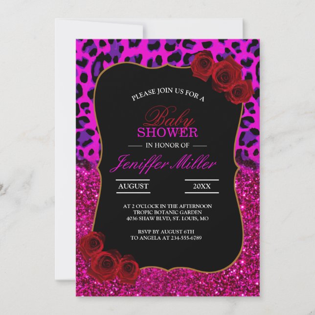 Mode Modern Rosa Lila Glitter Leopard.        Inbjudningar (Framsida)