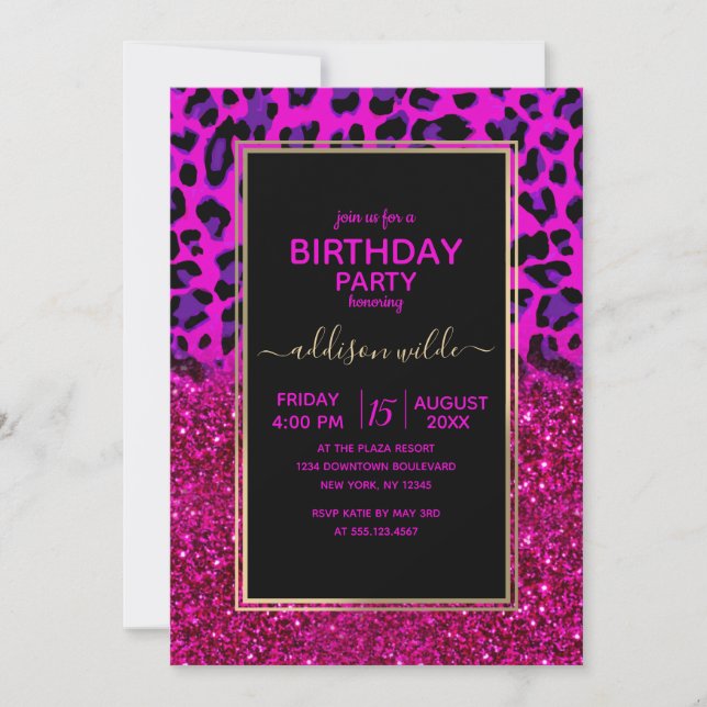 Mode Modern Rosa Lila Glitter Leopard.        Inbjudningar (Framsida)