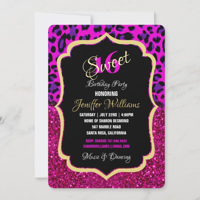 Mode Modern Rosa Lila Glitter Leopard. Inbjudningar (Framsida)