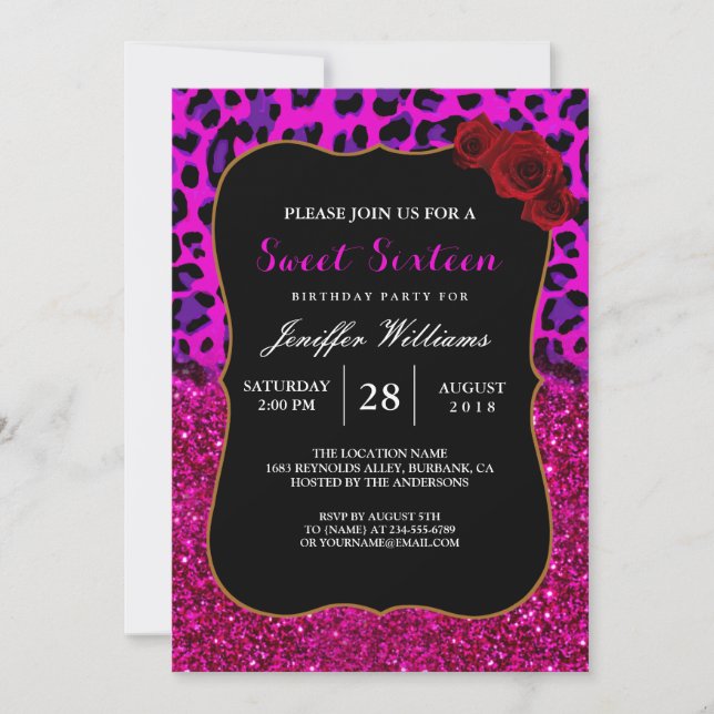 Mode Modern Rosa Lila Glitter Leopard. Inbjudningar (Framsida)
