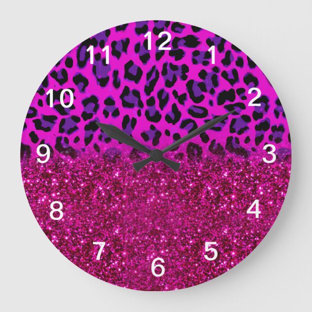 Mode Modern Rosa Lila Glitter Leopard Stor Klocka (Framsida)
