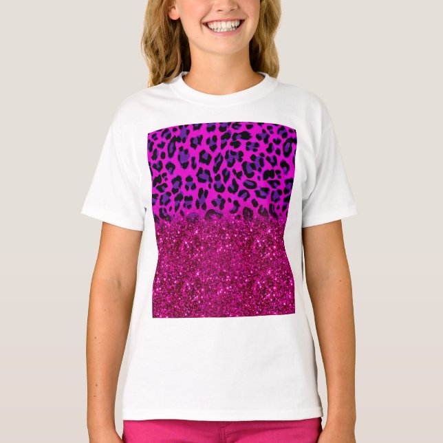 Mode Modern Rosa Lila Glitter Leopard T Shirt (Framsida)