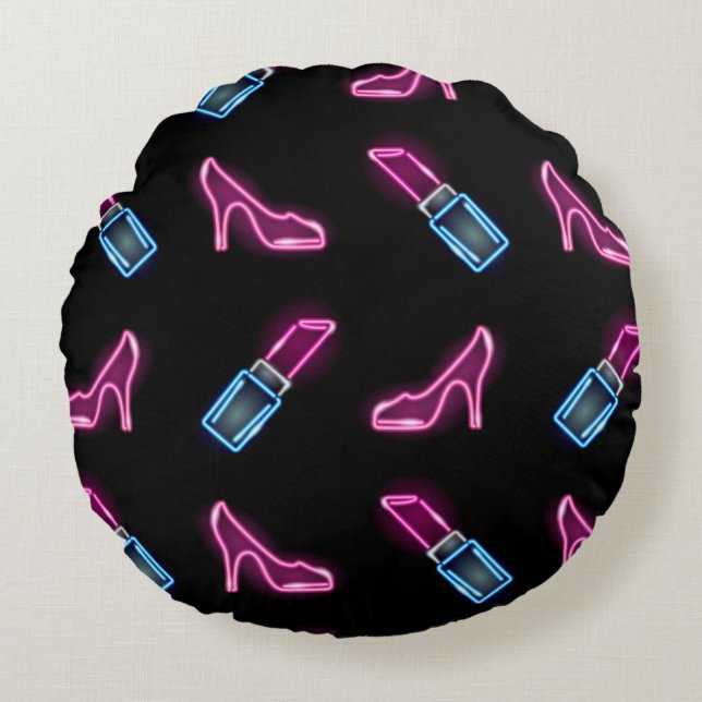 Mode Mönster med Neon Icons. Rund Kudde (Framsidan)