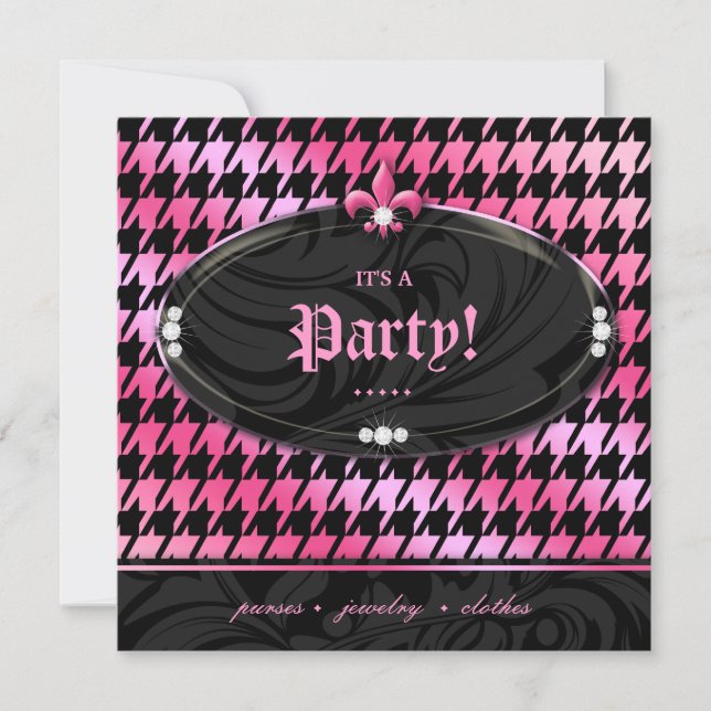 Mode Party Houndstooth Fleur de lis Rosa Vår Inbjudningar (Framsida)