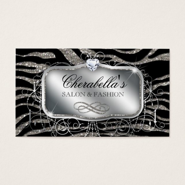 Mode-presentkort Nail Salon Zebra Glitter Silver Visitkort (Framsidan)