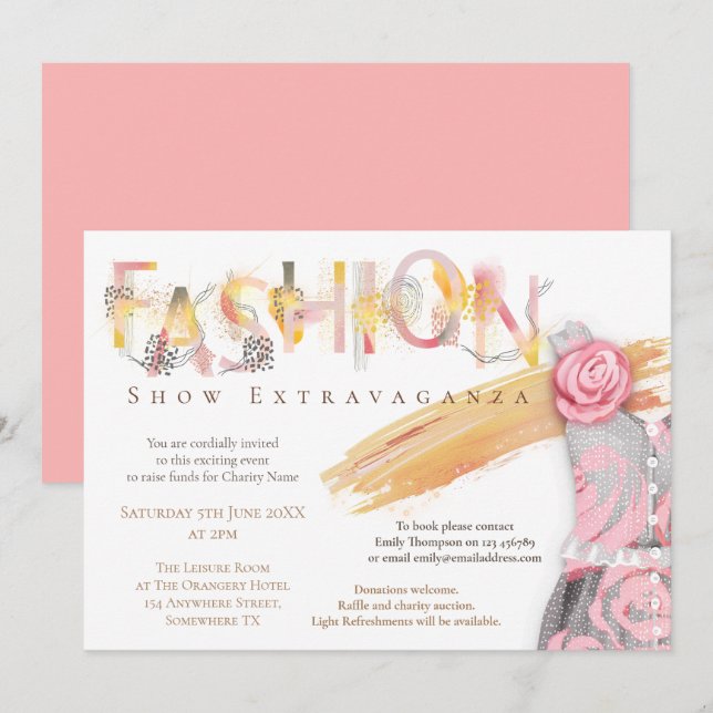 Mode Show Event Arty Typography Rosa Guld Inbjudningar (Fram/baksida)