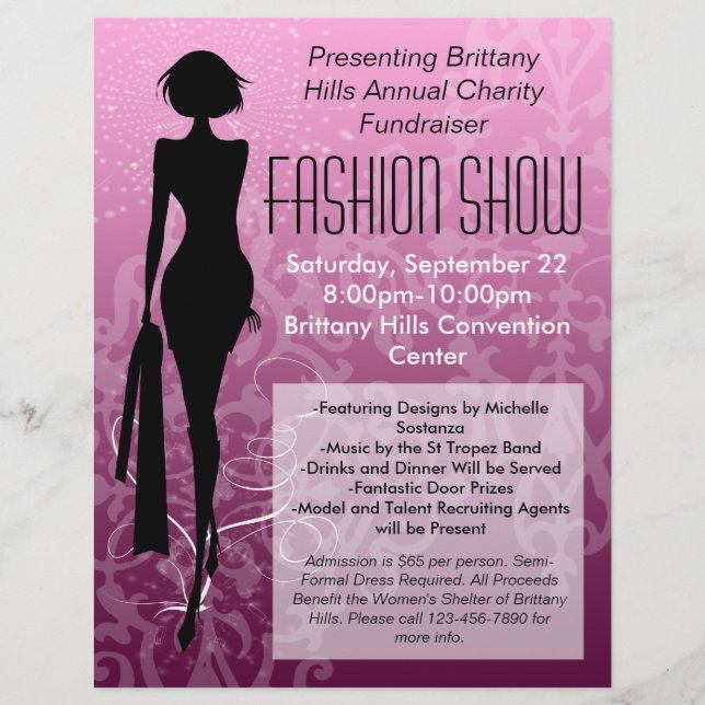 Mode Show Flyer, Rosa Silhouette Swirl Reklamblad (Framsidan)
