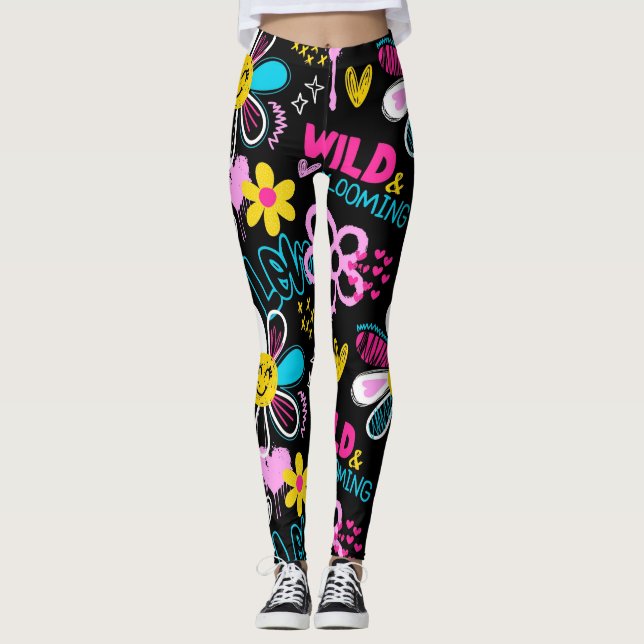 Mode Smiley Blomma Graffiti Mönster Leggings (Framsida)