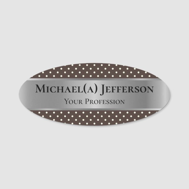 Mode Stil Mörk Brown Polka Dot & Luxury Silver Namnbricka (Framsida)