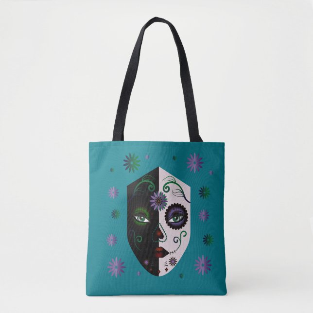 Mode Teal Girl Skull Ansikte Tote Purse eller Bag Tygkasse (Framsida)