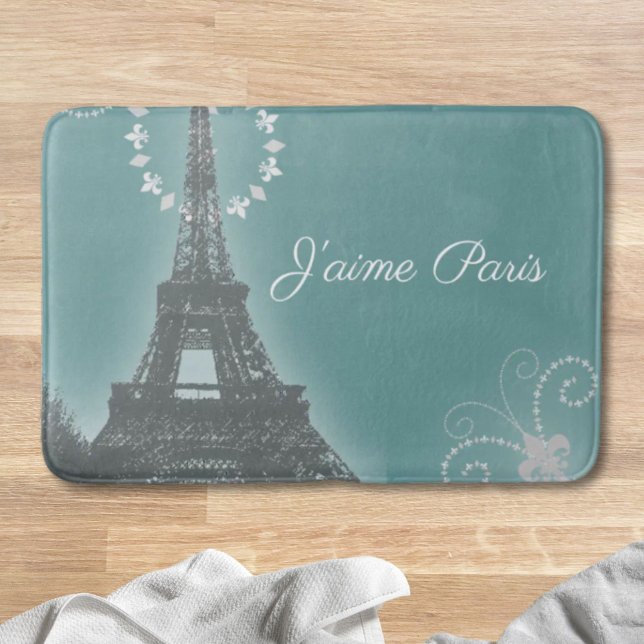 mode Teal paris eiffel torn Badrumsmatta (girly chic retro fashion Teal paris eiffel tower Bath Mat)