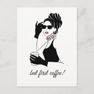 Moded illustration kvinna med kaffe vykort