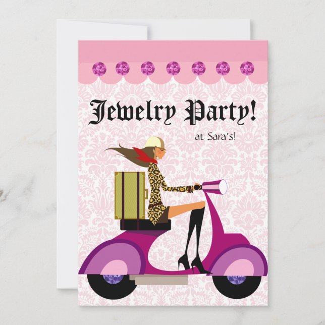 Modefest Invitation Scooter Kvinna Rosa Leopard Inbjudningar (Framsida)