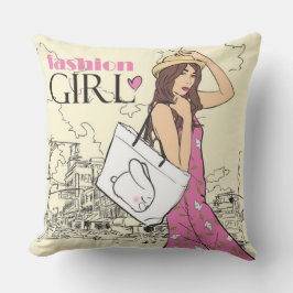 Modeflicka med väskakastkudde kudde