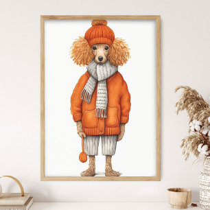 Modehunden Poodle tryck, Rolig Hund Dekor, Orange Poster