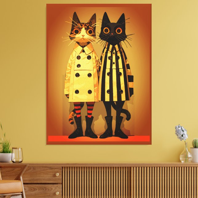 Modekatterna – Sällsamma kattkappor och stövlar Canvastryck (Insitu (Vardagsrum))