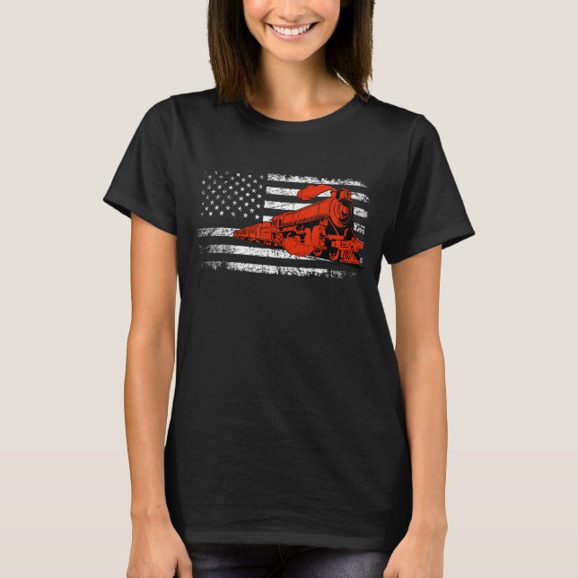 Model Railroad Railway Locomotive Train US Flag Ra T Shirt (Framsida)