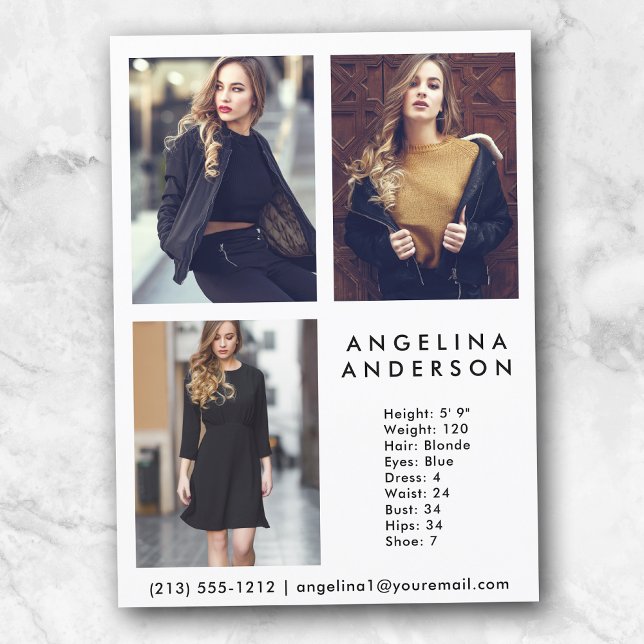 Modell Actor 3 Photo Comp Card (Customize to change background color, text size or text style.)