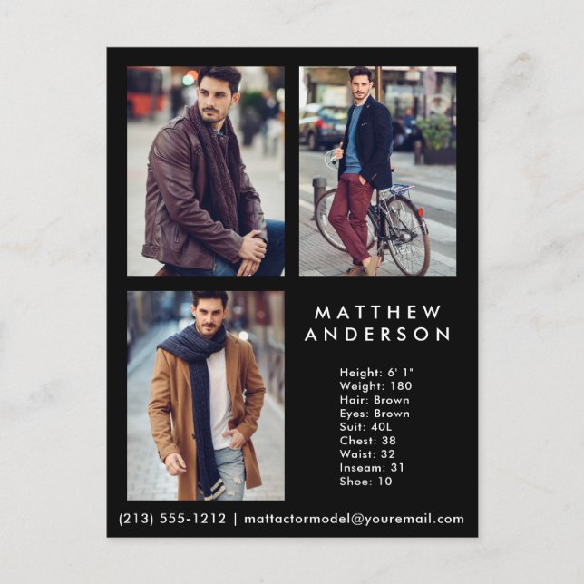Modell Actor 3 Photo Comp Card Black - vykort (Framsida)
