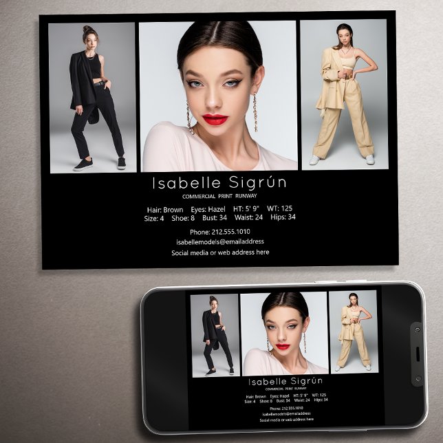 Modell Actor 3 Photo Comp Card-mall 5x7 svart Inbjudningar (Available in high quality print or digital download for quick messaging, email or self printing.)