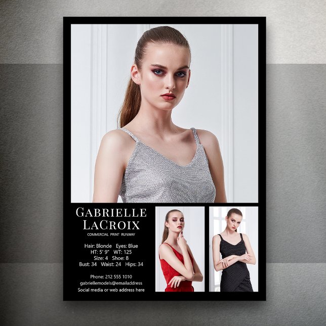 Modell Actor 3 Photo Comp Card-mall 5x7 svart Inbjudningar (Available in print or instant digital download for quick messaging, email or self printing.)