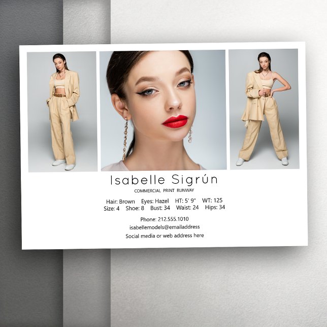Modell Actor 3 Photo Comp Card mall 5x7 vit (Available in high quality print or digital download for quick messaging, email or self printing.)